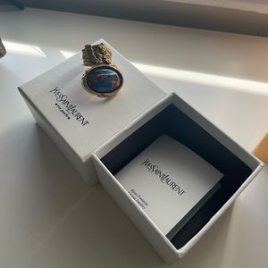 Saint Laurent Arty Blue Glass Cabochon Gold Tone Ring Size 7